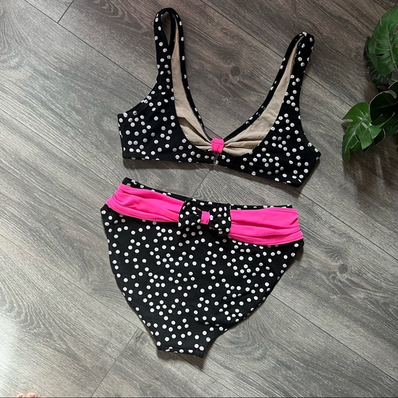 Vintage 80s 90s Gitano Cotton Poly Polka Dot Neon Pink Bow Bikini Barbie - Picture 3 of 6
